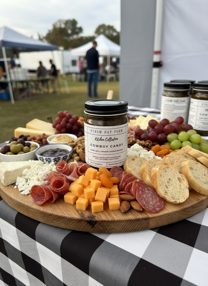 Charcuterie board on a checkered tablecloth with a jar of cowboy candy in the center.